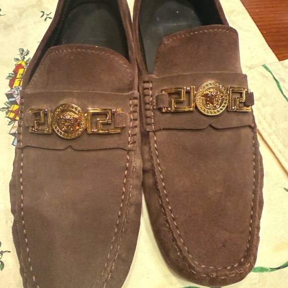 Versace Brown Suede Loafers with Gold Medallion